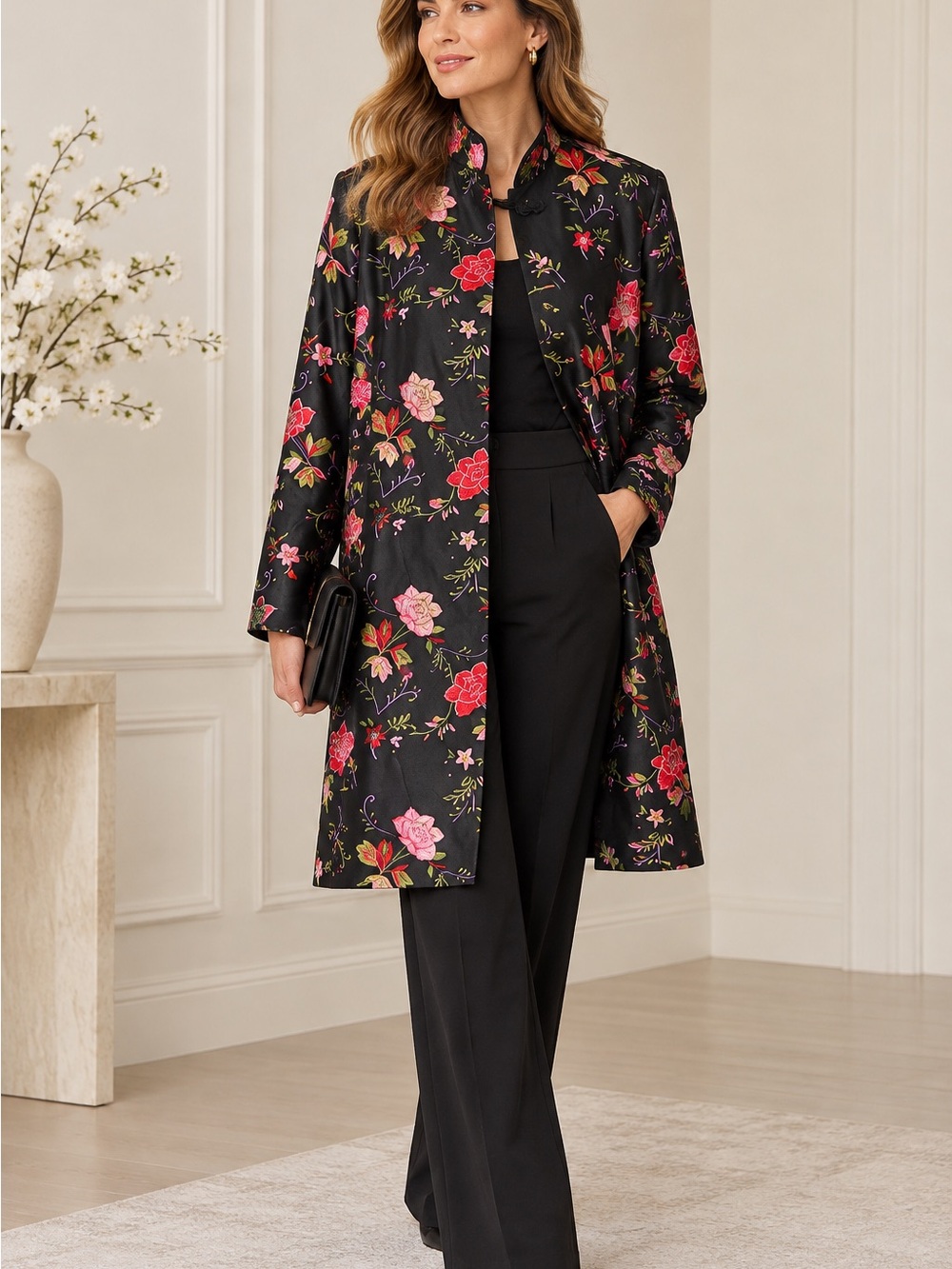 Shanghai Tang 100% Silk Embroidered Floral Coat Jacket Black Pink